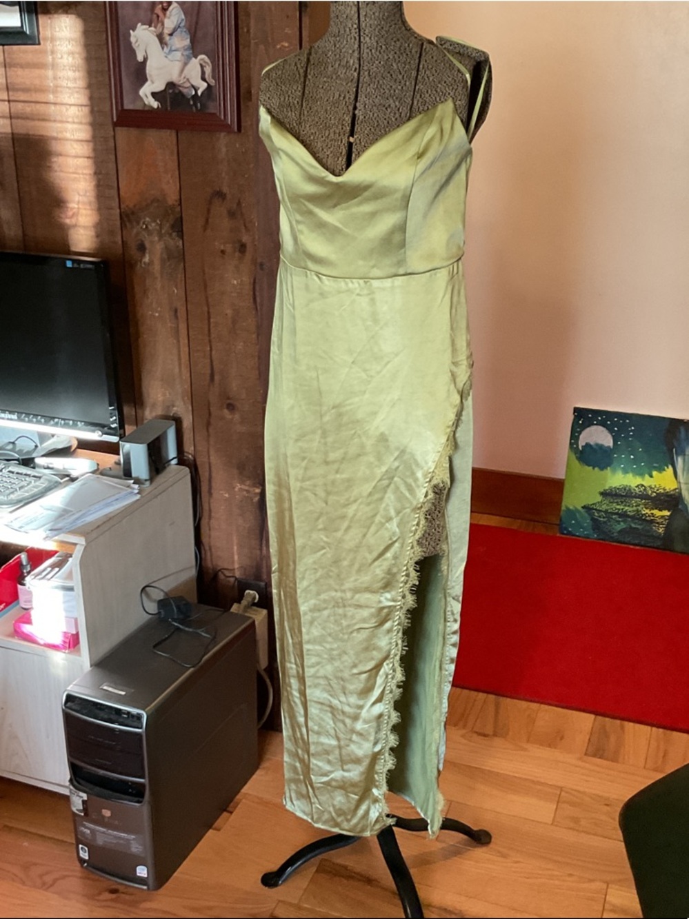 Selfie Leslie Light Green Satin Slip Maxi Dress with Side Slit
